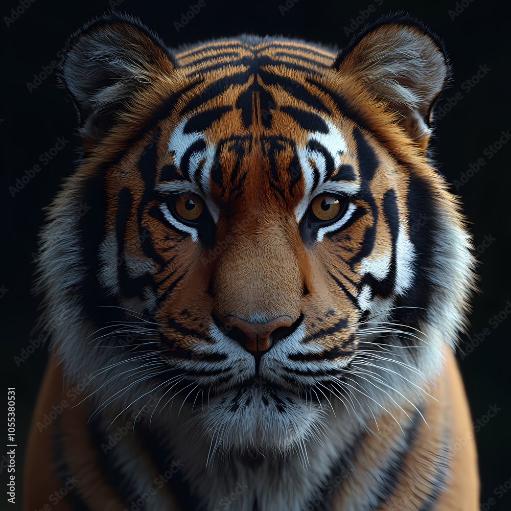 Fototapeta premium Tigers have powerful builds, bold orange fur with black stripes, and intense eyes. There is a sense of strength and grace about the tiger's face, with sharp features and a focused gaze.