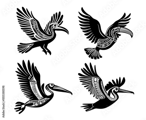 Collection of stylized tribal bird illustrations with patterns – black vector