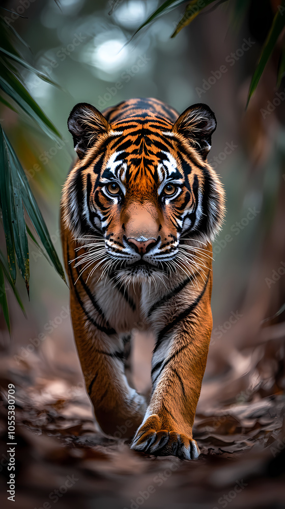 Fototapeta premium Tigers have powerful builds, bold orange fur with black stripes, and intense eyes. There is a sense of strength and grace about the tiger's face, with sharp features and a focused gaze.