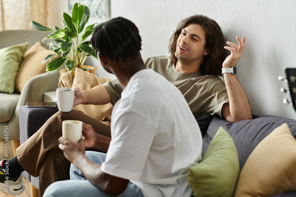 Two partners relax together, enjoying deep conversation and warm drinks in their cozy living space. Two partners relax together, enjoying deep conversation and warm drinks in their cozy living space.