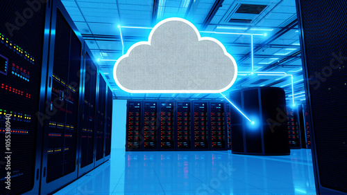 Modern data center showcasing advanced server technology and cloud computing architecture in a high-tech environment