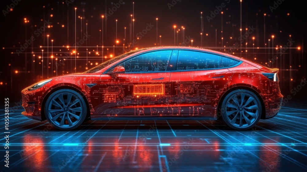A Red Electric Car with Digital Circuitry Overlays and Blue Grid Floor A Red Electric Car with Digital Circuitry Overlays and Blue Grid Floor