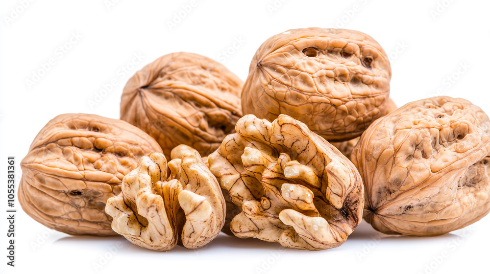 Ripe walnuts and close-up on a white background Ripe walnuts and close-up on a white background