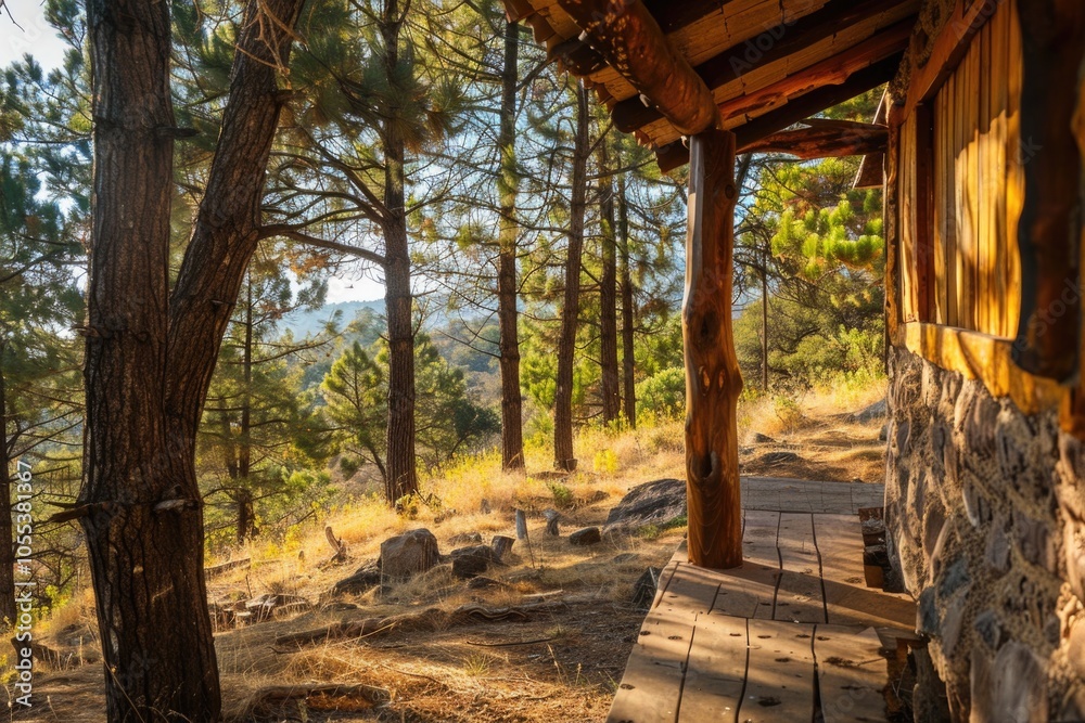 A wooden porch with a bench on the side, perfect for relaxing and enjoying the outdoors A wooden porch with a bench on the side, perfect for relaxing and enjoying the outdoors