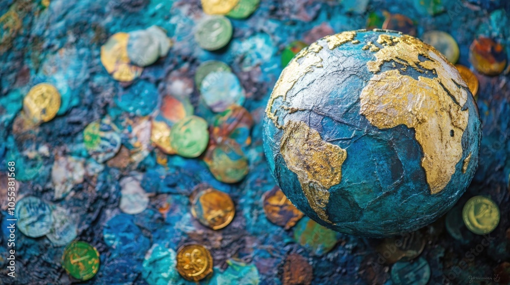 A beautifully painted globe surrounded by coins, great for use in financial or educational contexts A beautifully painted globe surrounded by coins, great for use in financial or educational contexts