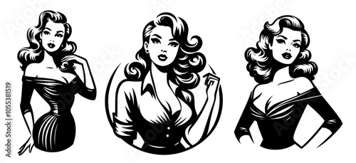 Set of retro women illustrations in vintage pin-up style – black vector