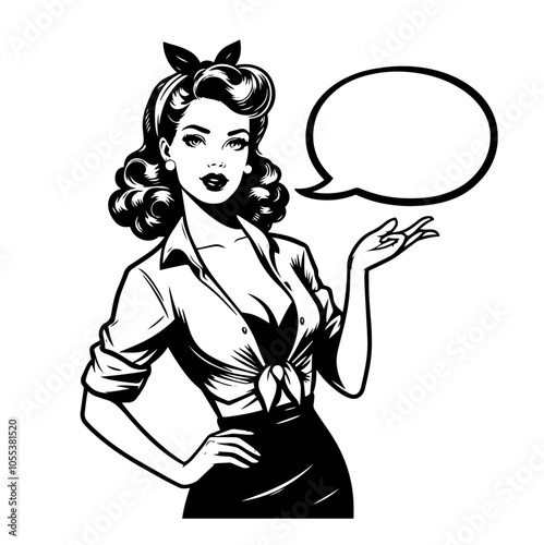retro pin-up girl vintage comic style – black and white vector graphic 