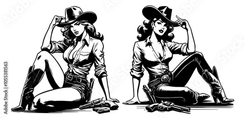 artistic illustration of a pin-up girl cowgirl, wearing a hat and embodying vintage western style black vector