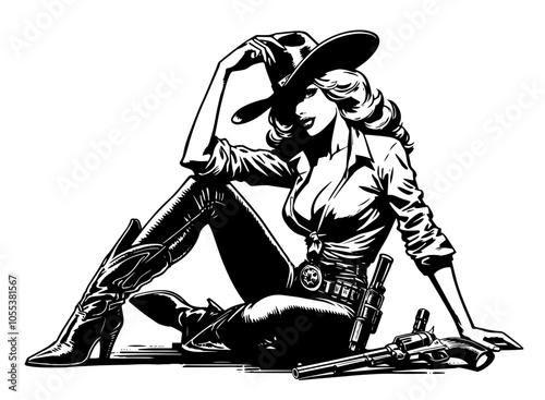 stylish pin-up girl in cowboy attire, celebrating western spirit and classic pin-up appeal black vector