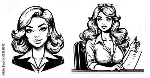 Set of retro women illustrations in vintage pin-up style – black vector