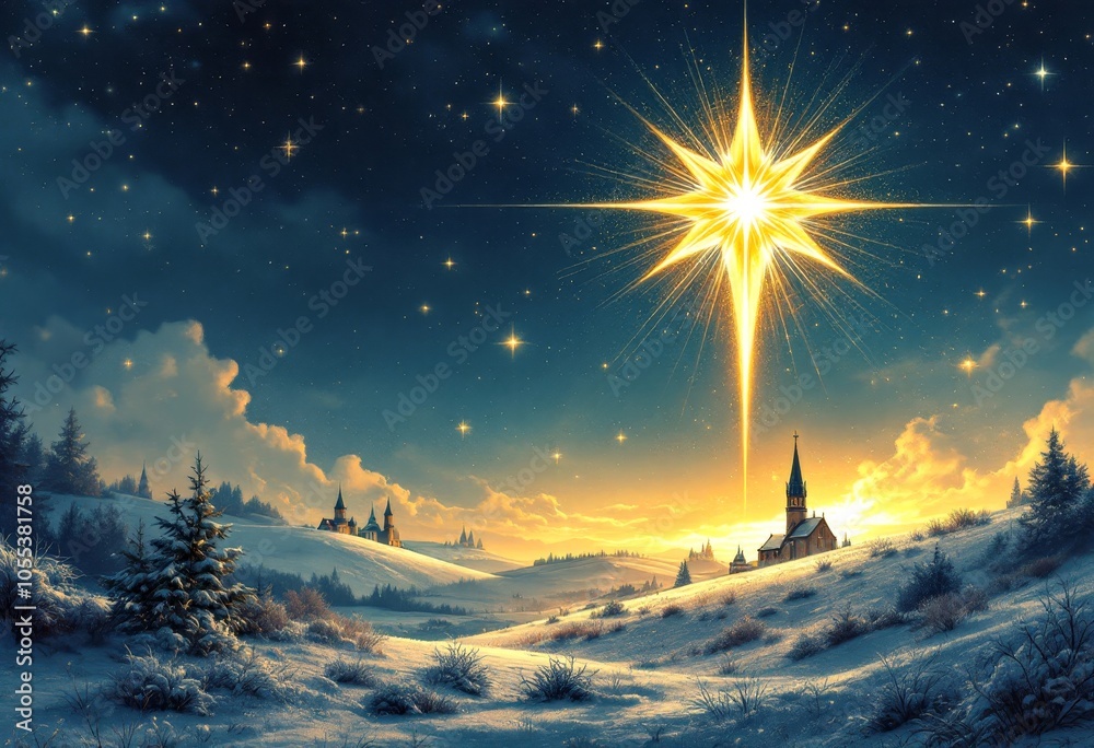 Naklejka premium Epiphany star illuminating winter village landscape - holiday design for cards and posters