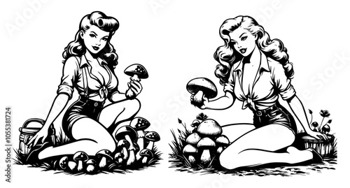 vibrant illustration of a sexy pinup girl mushroom picking, showcasing a fun and flirty design amidst a colorful woodland black vector