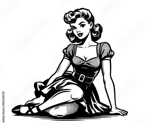 Vintage housewife character in classic pin-up style black vector
