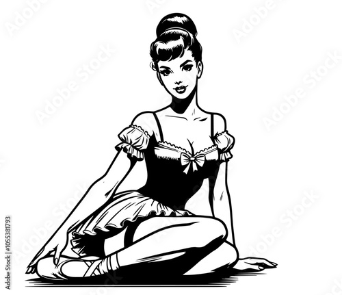 vintage pin-up style woman in high-waisted shorts, black vector art
