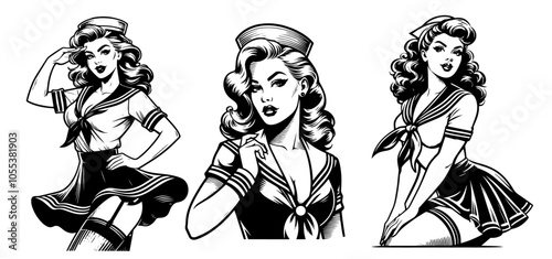 playful line art representation of a pinup girl dressed as a sailor, blending charm and elegance for a captivating look black vector