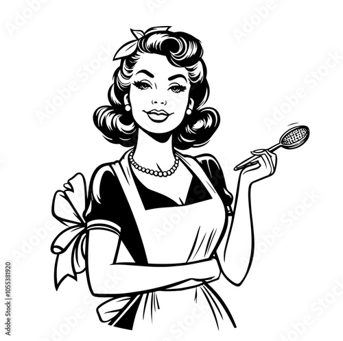 Vintage housewife character in classic pin-up style black vector