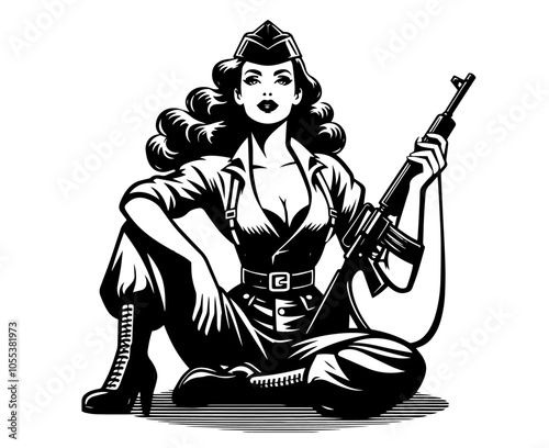 playful pin-up girl dressed as a soldier, capturing retro allure with a military touch black vector