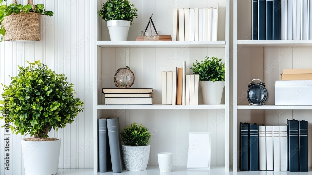 Modern home office workspace featuring white shelves adorned with stylish accessories and minimalist decor, creating an organized and productive environment Modern home office workspace featuring white shelves adorned with stylish accessories and minimalist decor, creating an organized and productive environment