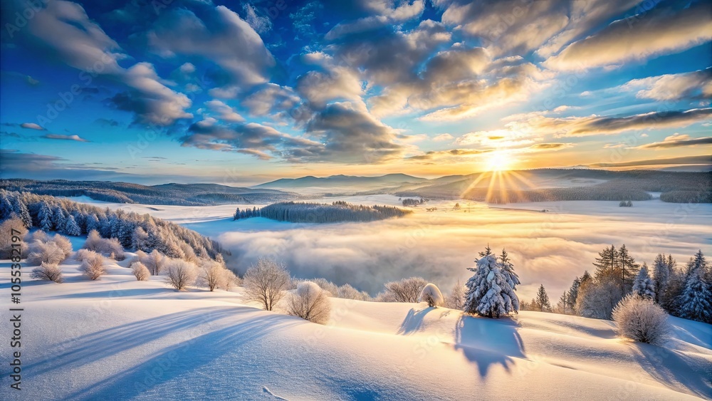 A Serene Winter Landscape with a Sun-Kissed Mountain Range and a Misty Valley, Bathed in the Warm Glow of Sunrise A Serene Winter Landscape with a Sun-Kissed Mountain Range and a Misty Valley, Bathed in the Warm Glow of Sunrise
