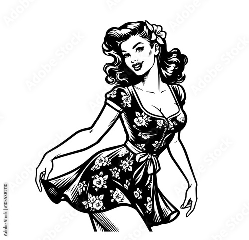 stylish line art of a classic pin-up girl, perfect for fashion, beauty, and lifestyle themes black vector