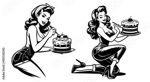 Vintage housewife character in classic pin-up style black vector