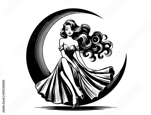 retro pin-up girl vintage comic style – black and white vector graphic 