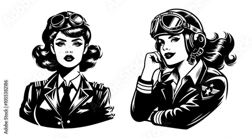 retro pin-up girl vintage comic style – black and white vector graphic 