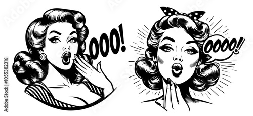 surprised pin-up girl with expression of shock, vintage black vector illustration