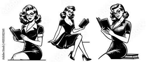 classic pin-up girl illustration with a book, capturing charm and allure in a vintage-inspired style black vector