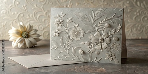 An intricately embossed card with delicate floral designs, accented by a muted silver hue, rests on a textured surface, showcasing the artistry of papercraft.