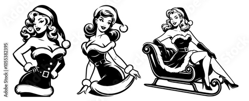 festive pin-up girl in santa costume black vector illustration