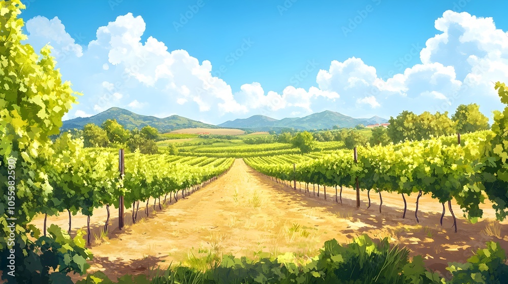Fototapeta premium Serene Vineyard Landscape with Rows of Lush Grapevines under Sunny Skies