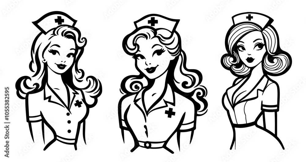 alluring pinup girl in nurse uniform, blending beauty and profession in a stylish design black vector alluring pinup girl in nurse uniform, blending beauty and profession in a stylish design black vector