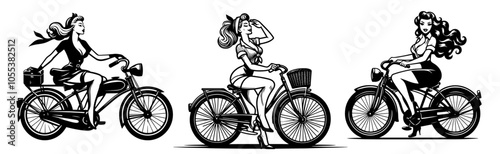 playful and nostalgic pin-up girls on bicycles, black vector set