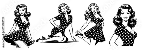 Set of retro women illustrations in vintage pin-up style – black vector