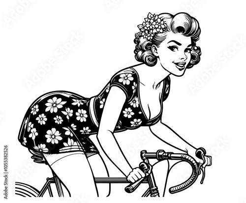 black vector of retro pin-up girls cycling, vintage style illustration