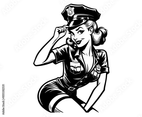classic pin-up police officer illustration in line art, featuring a playful and confident style black vector