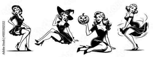 Set of retro pin-up Halloween girls in playful poses – black vector
