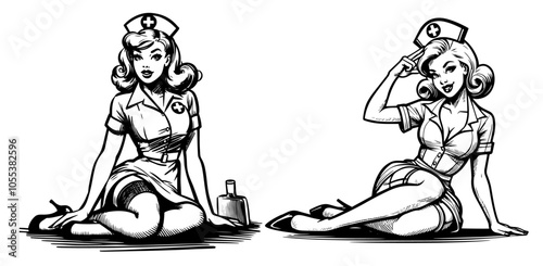 sexy pinup nurse illustration, capturing charm and confidence in a playful vintage style black vector