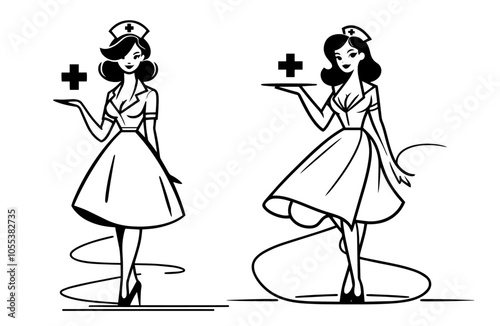 expressive line art sketch of a pin-up nurse, highlighting vintage charm and playful details black vector
