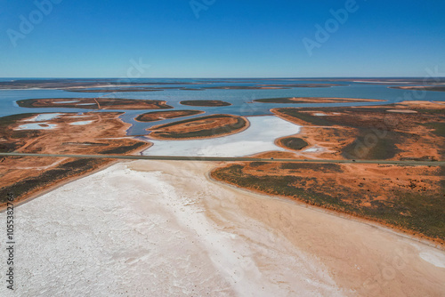 Aerial view of salt ponds in the Pilbara Region with vast red earth and serene landscape, Onslow, Australia. photo