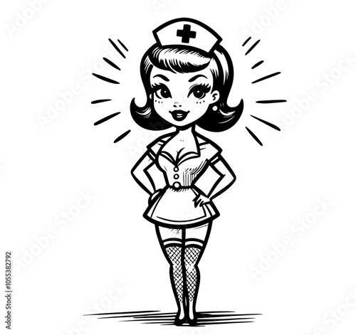 elegant pin-up nurse in vintage cartoon style, combining medical theme with playful line art design black vector