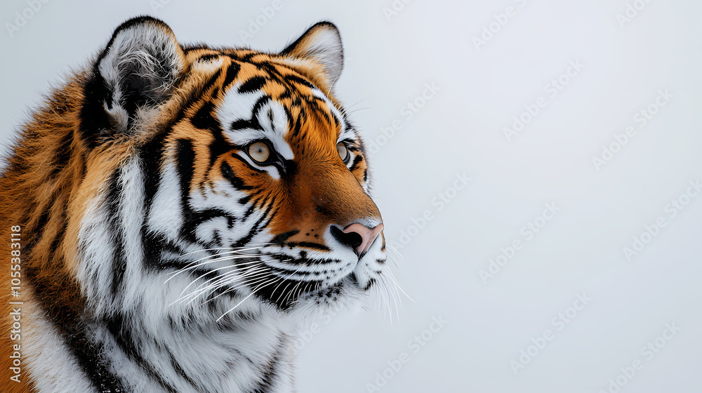 Obraz premium Tigers have powerful builds, bold orange fur with black stripes, and intense eyes. There is a sense of strength and grace about the tiger's face, with sharp features and a focused gaze.
