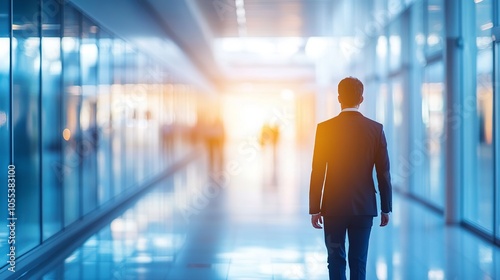 Blurred image of professional businessman walking through corridor in modern convention center office building