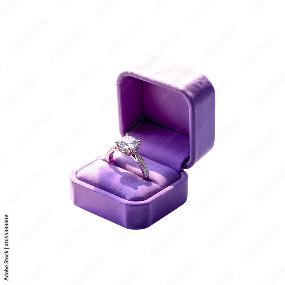 Diamond silver ring in purple gift box isolated on transparent background. Jewelry gift box with ring png Diamond silver ring in purple gift box isolated on transparent background. Jewelry gift box with ring png