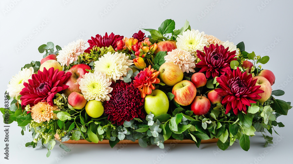 Obraz premium floral arrangement of flowers and apples, a lot of greenery, chrysanthemums, apples