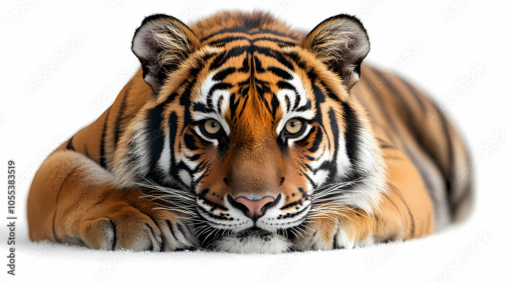 Tigers have powerful builds, bold orange fur with black stripes, and intense eyes. There is a sense of strength and grace about the tiger's face, with sharp features and a focused gaze.