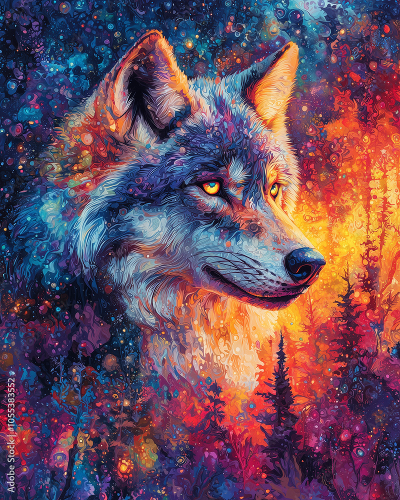 Fototapeta mesmerizing portrait of a wolf with fiery and cosmic colors amidst a magical forest