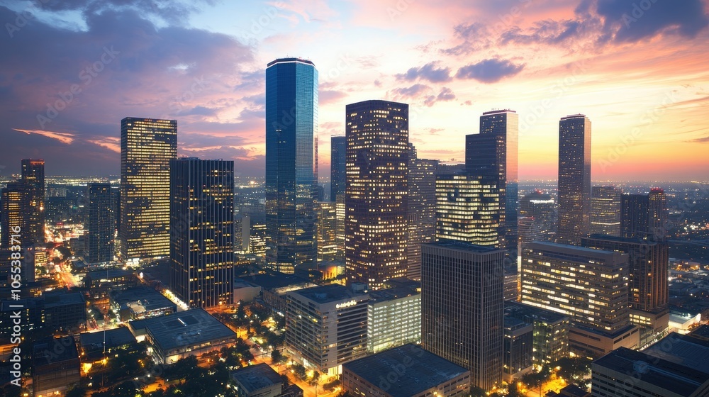 Obraz premium Urban Skyline at Dusk with Vibrant Sunset Colors