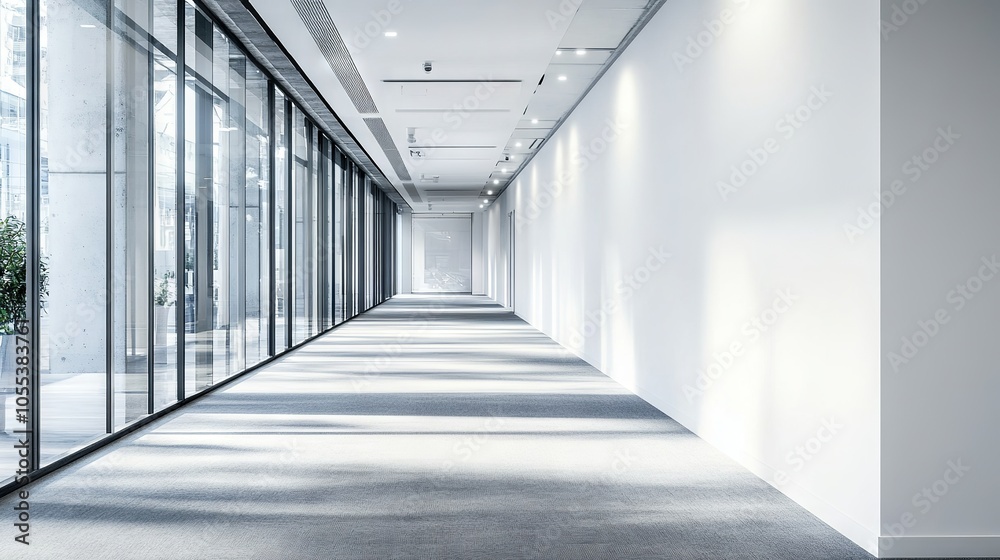 Modern spacious white open-space office corridor with glossy floors, large windows, and a blank mockup wall perfect for displaying advertisements, branding, or promotional content